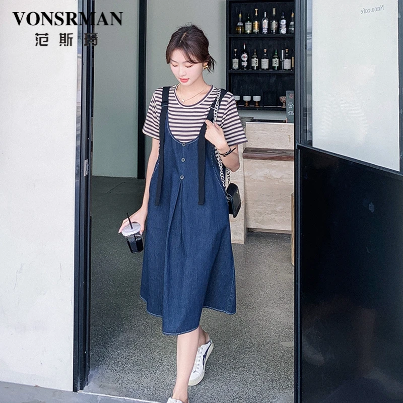拼接牛仔背带连衣裙女夏季遮肚子减龄显瘦法式茶歇小众假两件裙子