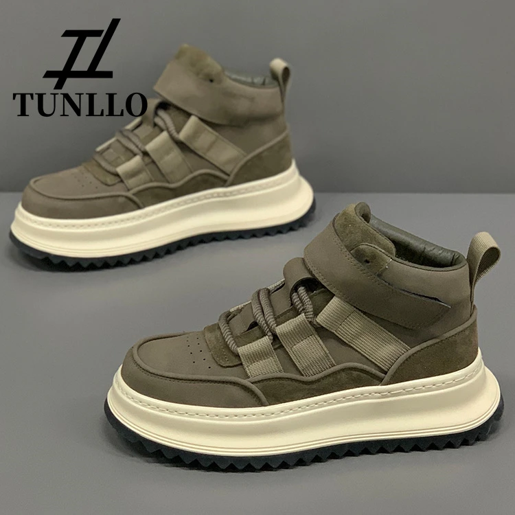 轻奢高级感工装马丁靴男士休闲鞋简约厚底增高魔术贴系带高帮板鞋