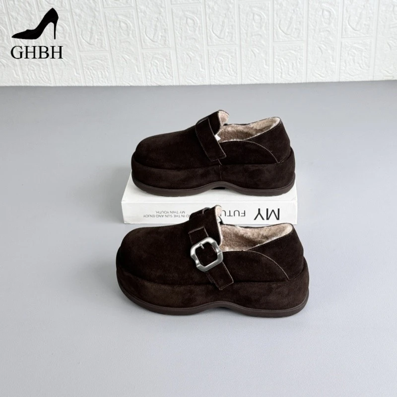 磨砂简约复古厚底增高勃肯鞋女冬季新款加绒保暖时尚欧美棉靴