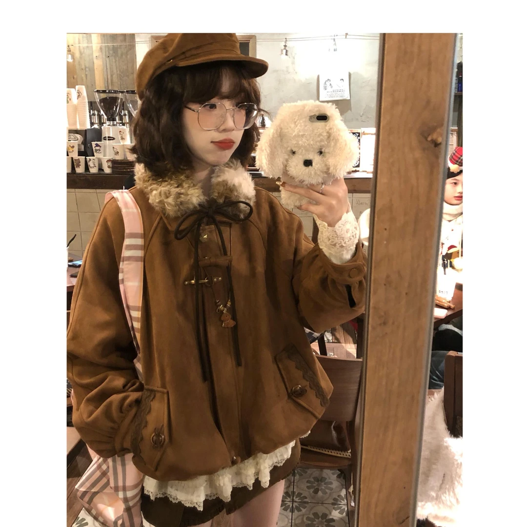 “日杂感叠穿”毛毛领vintage感花夹棉苞外套秋日ootd穿搭一整套