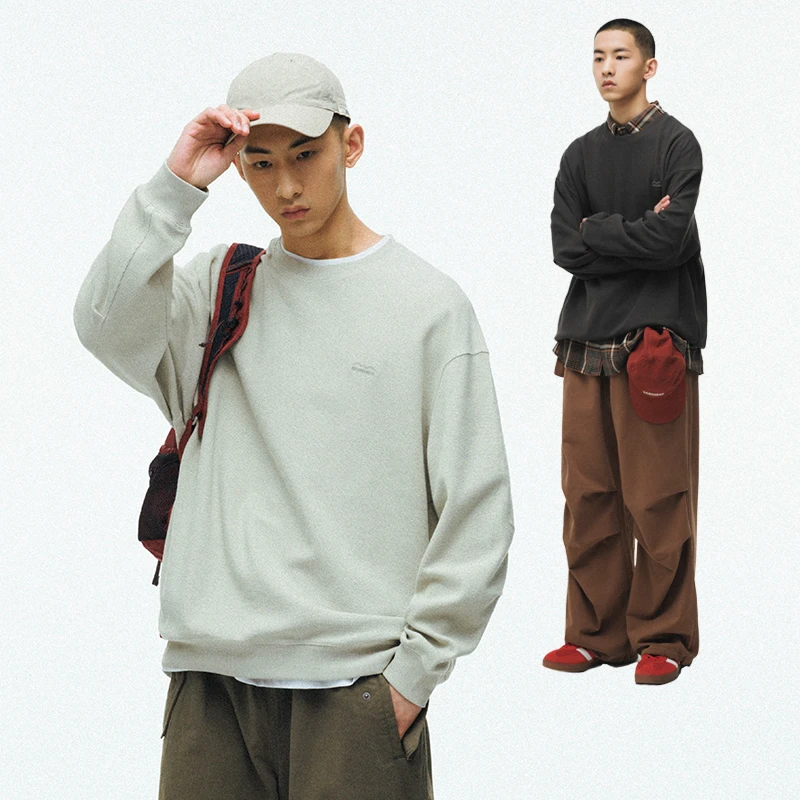 ben·panda洗水华夫格圆领卫衣运动男装春季新款纯色简约日系复古