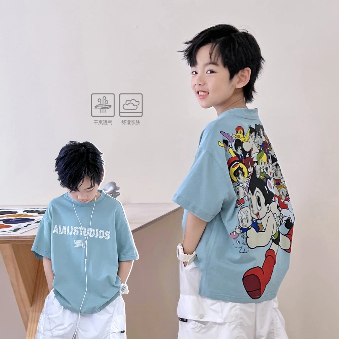 男童蓝色短袖T恤薄款夏季儿童后背印花上衣休闲韩版   5058239O4