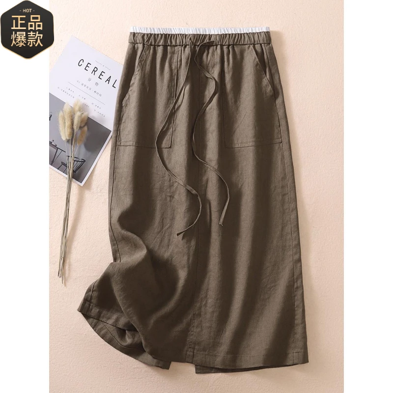 亚麻半身裙女夏日薄款2025新款松紧高腰中长款垂感休闲棉麻a字裙