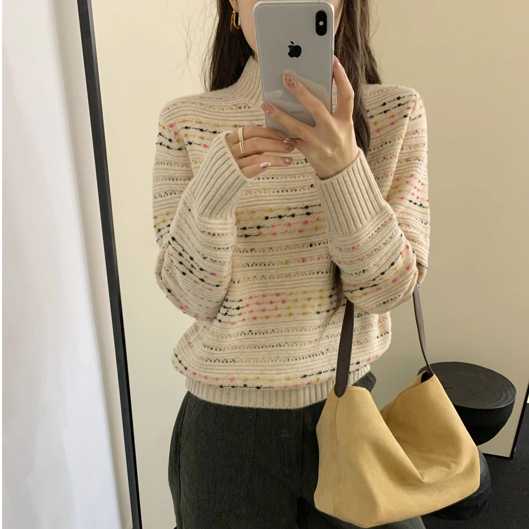 【芊荨精选】2024秋冬时尚百搭复古半高领提花针织衫S578#