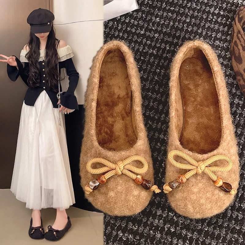 浅口防滑圆头蝴蝶结防磨豆豆鞋网红加绒百搭秋冬季韩版毛毛鞋