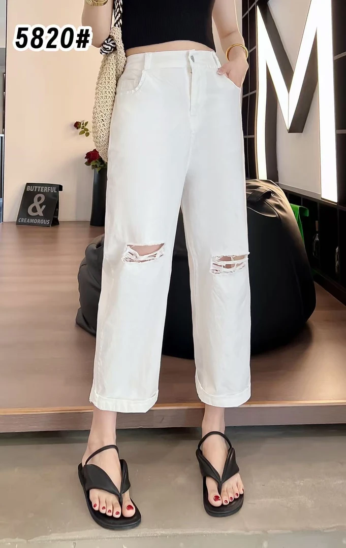 大码女装夏季薄款水洗棉破洞高腰弹力烟管裤女显瘦小脚九分裤5820