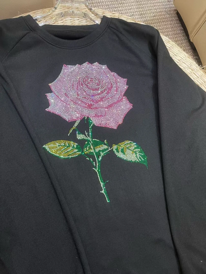 包嫂【AA1823黑色粉玫瑰】发热保温保暖2025T恤重工百搭冬季款长袖