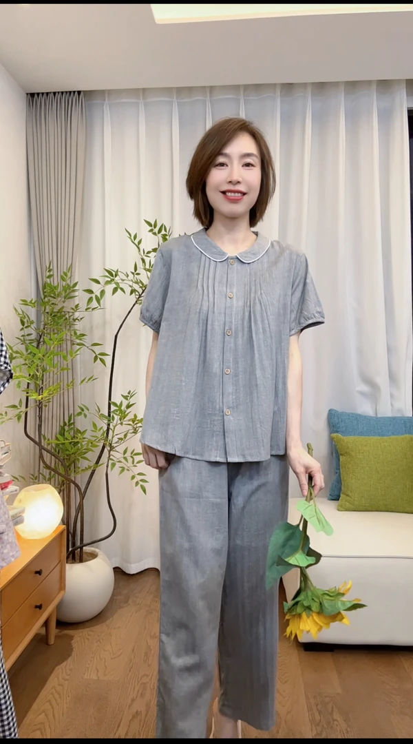 『苏叶』夏季薄款色织全棉纱布翻领短袖九分裤睡衣家居服套装
