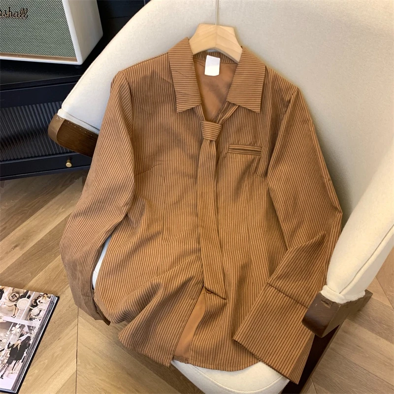 新品法式复古领带条纹衬衫女2025春秋设计感小众慵懒休闲长袖上衣