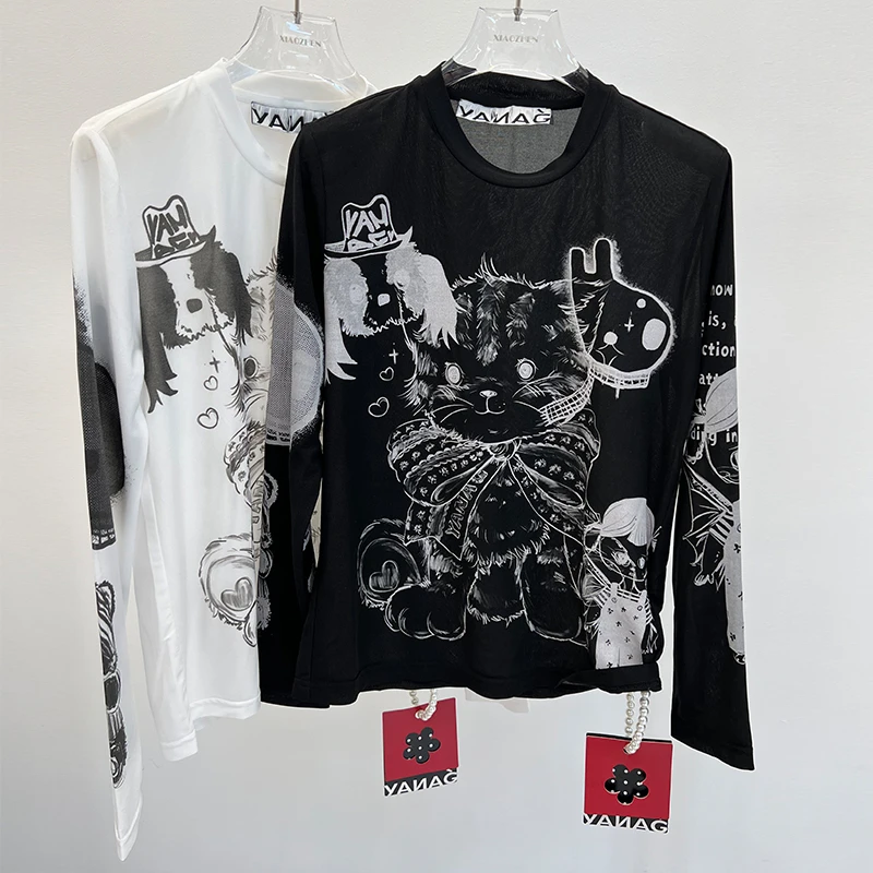 YANAG设计师款25SS春季新款蝴蝶结小猫玩具印花长袖T恤