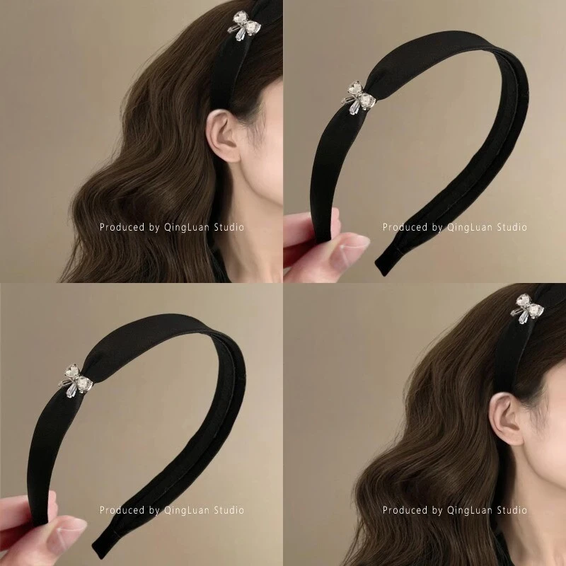 财阀千金~水钻蝴蝶结发箍女精致高级感缎面头箍 · 黑色