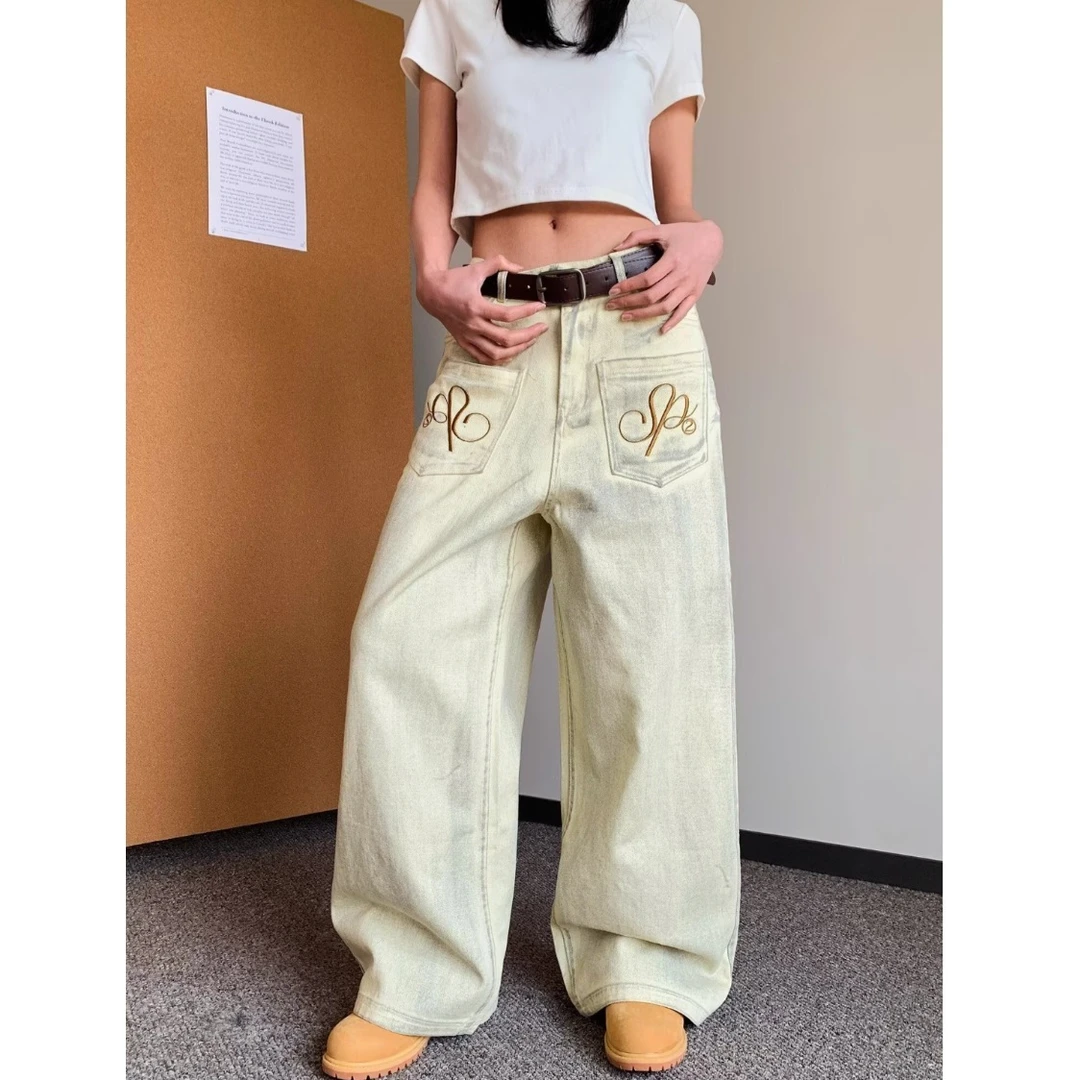 美式复古做旧脏染水洗牛仔裤男女宽松休闲阔腿拖地长裤七分裤美式