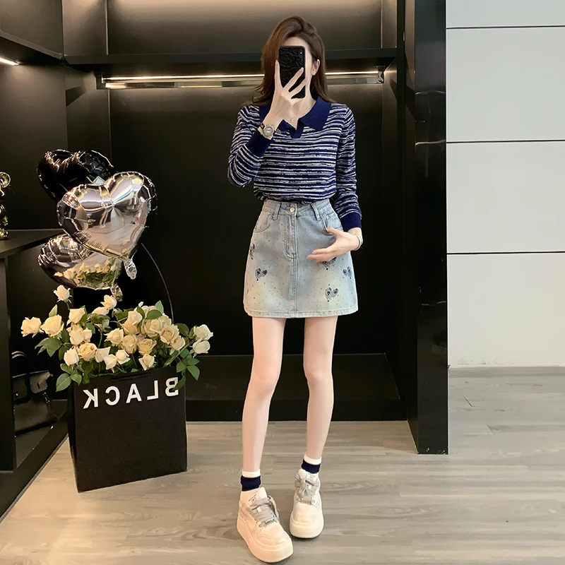 早秋小香风休闲牛仔套装裙女时尚减龄小个子针织衫上衣短裙两件套