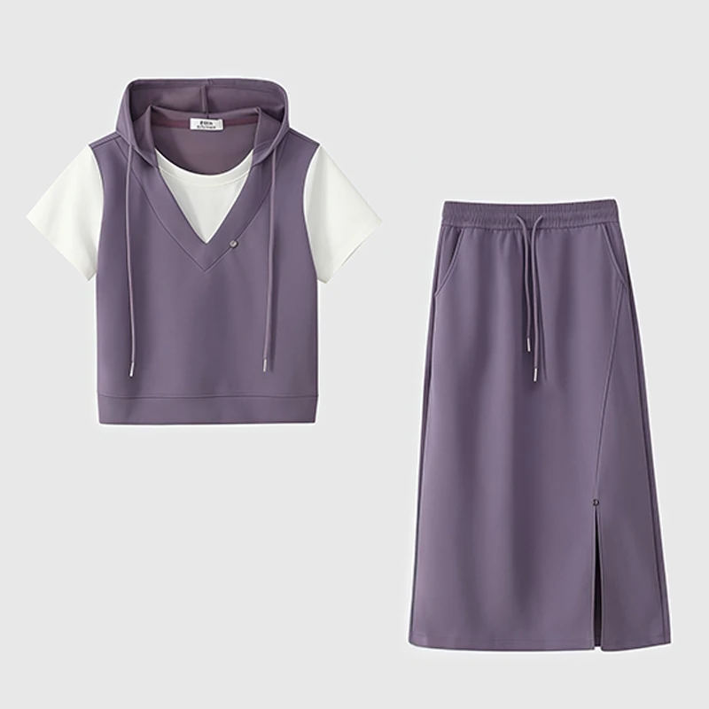 高含棉减龄休闲套装女2025年夏季新款时尚连帽短袖半身裙两件套潮