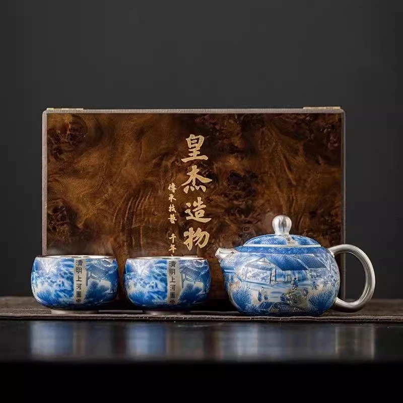 周鸿杰999鎏银清明上河图手工茶壶礼盒装功夫茶具高端送长辈领导