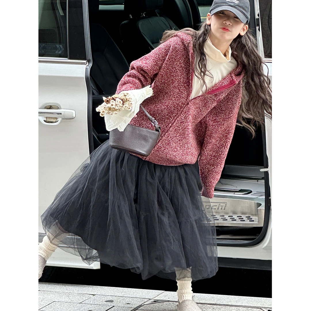 K30043孙小美韩版花纱女童连帽针织开衫秋冬2025新款儿童毛衣外套