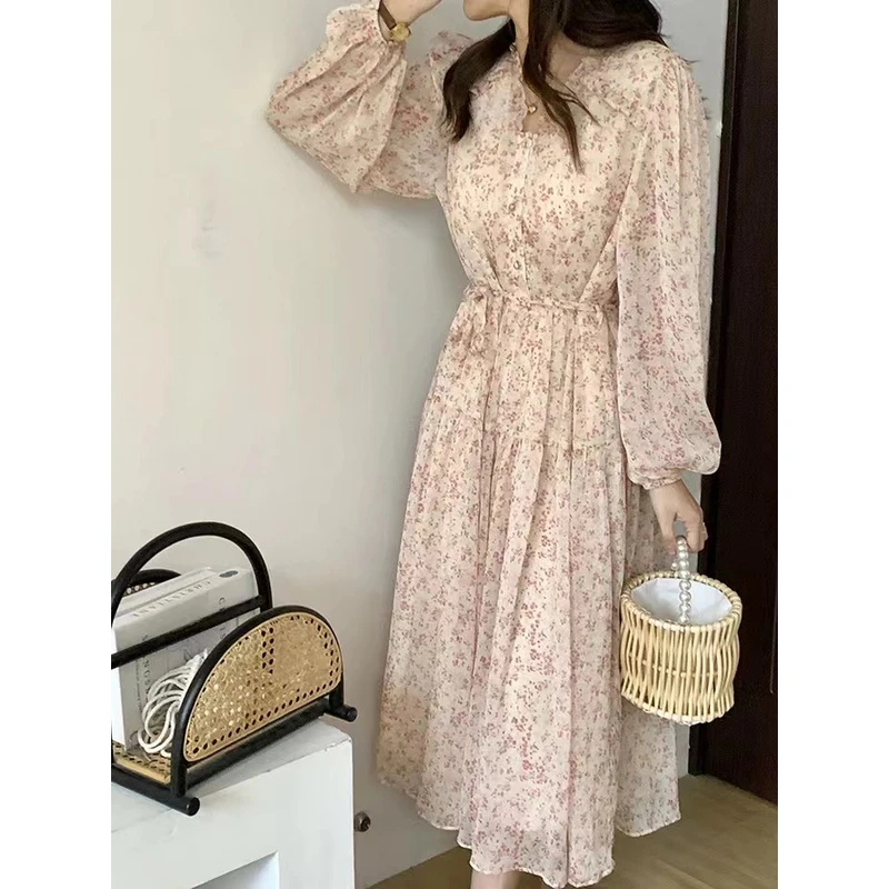 【锦衣服饰】巴2777碎花腰带长袖连衣裙