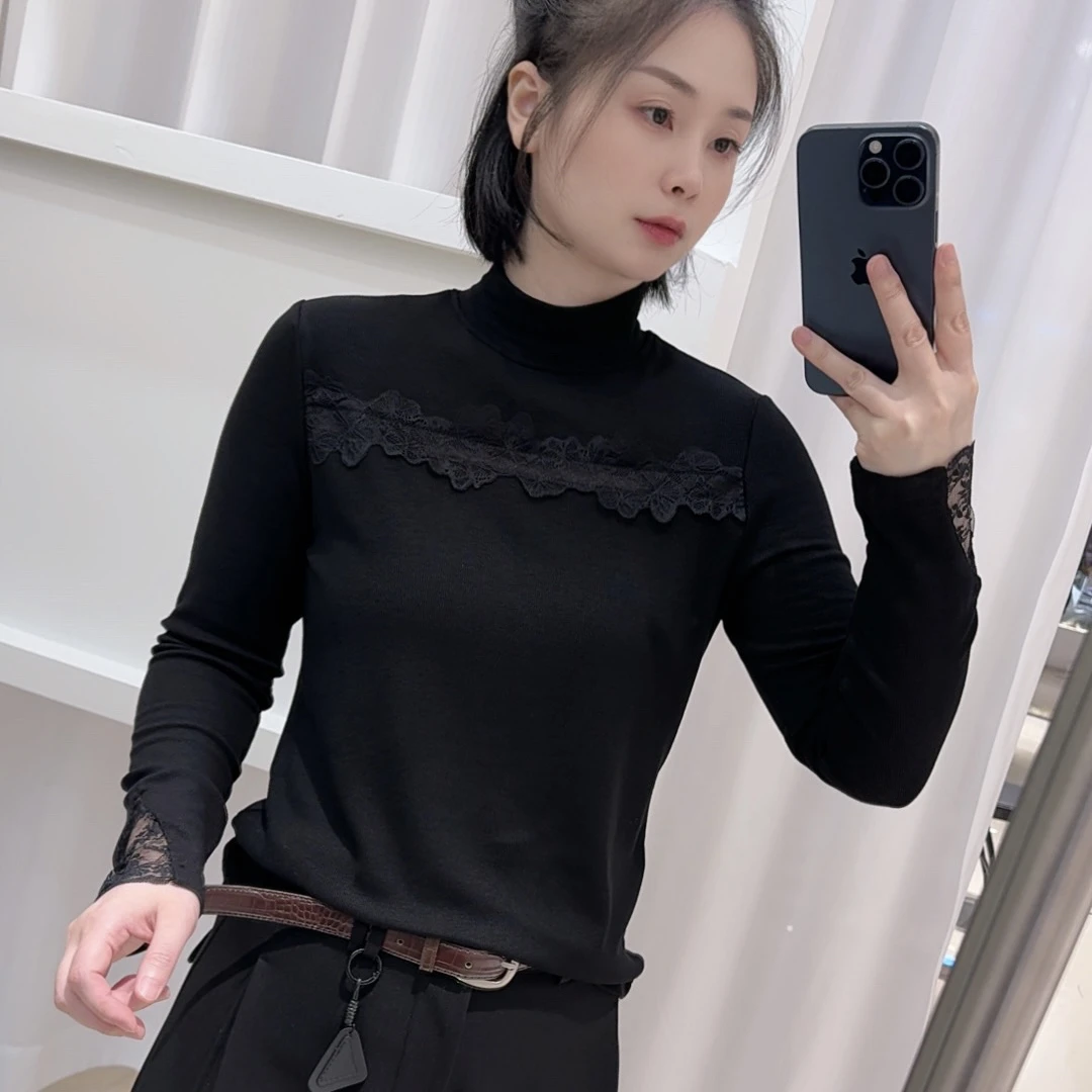 【5967】秋冬时尚显瘦蕾丝加绒半高领长袖T恤百搭女士网红法式上衣