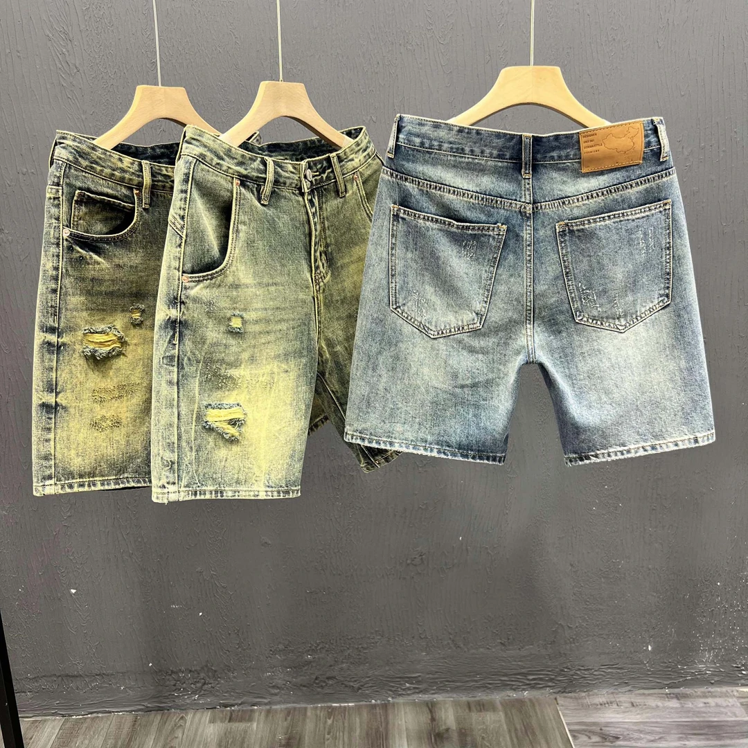 时尚破洞男士牛仔短裤夏季潮流薄款休闲五分裤青年痞帅弹力半截裤