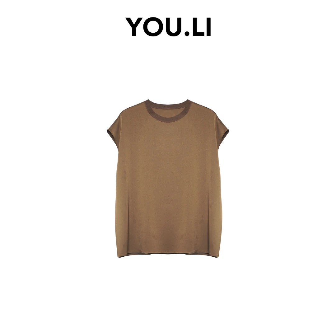 桑蚕丝飞袖圆领宽松纯色透气气质缎面上衣