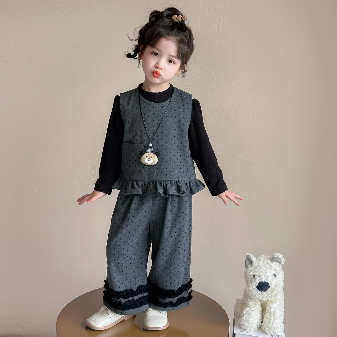 女童秋装套装2025新款卡通圆点儿童花边马甲春秋款小童早秋三件套