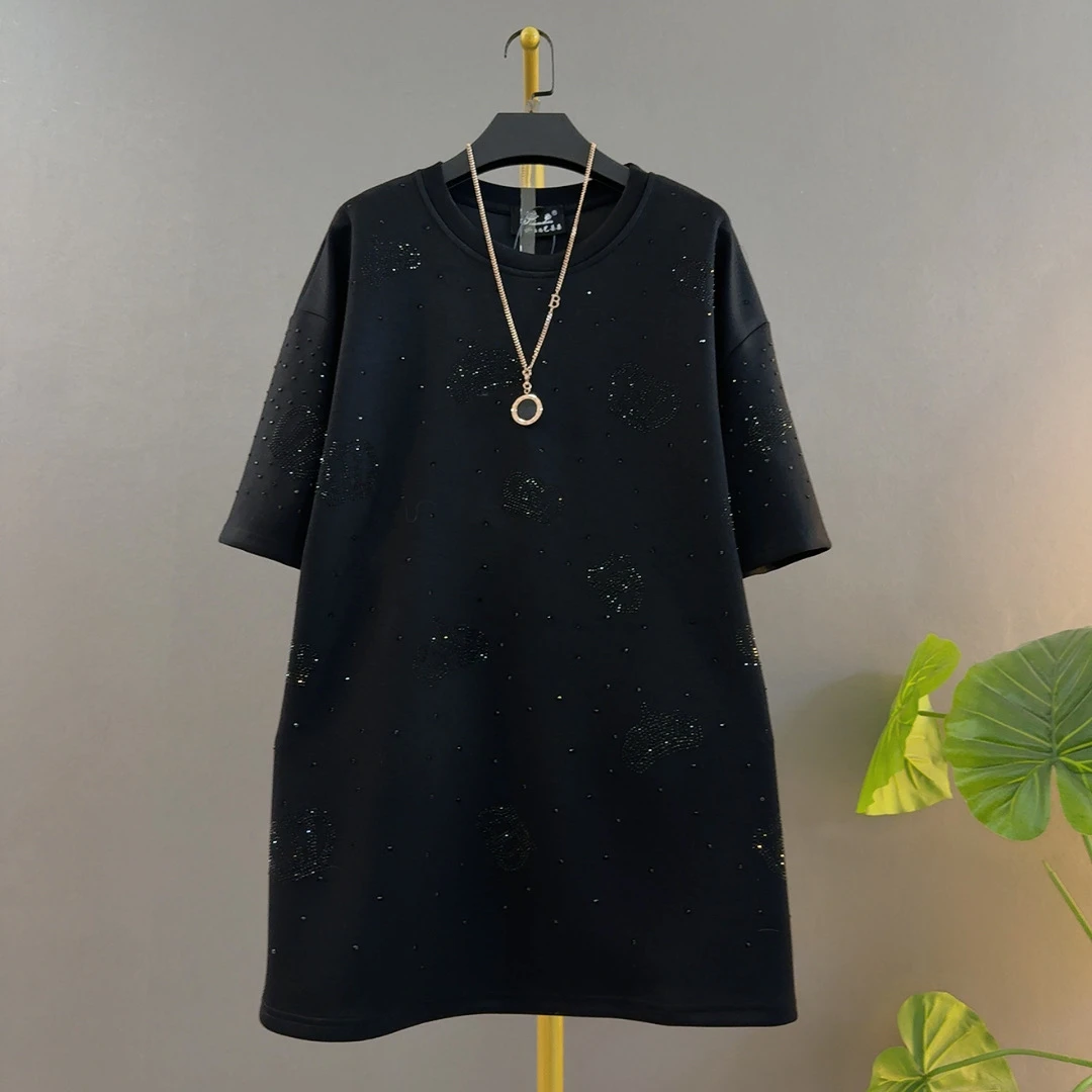 胖妹妹新款时尚圆领重工烫钻皇冠中长款宽松遮肉大码女装半袖上衣