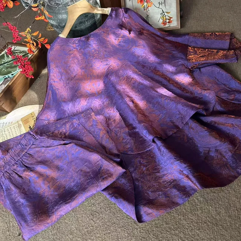 夏季新款新中式国风宽松遮肉显瘦轻薄花萝浮光锦两件套