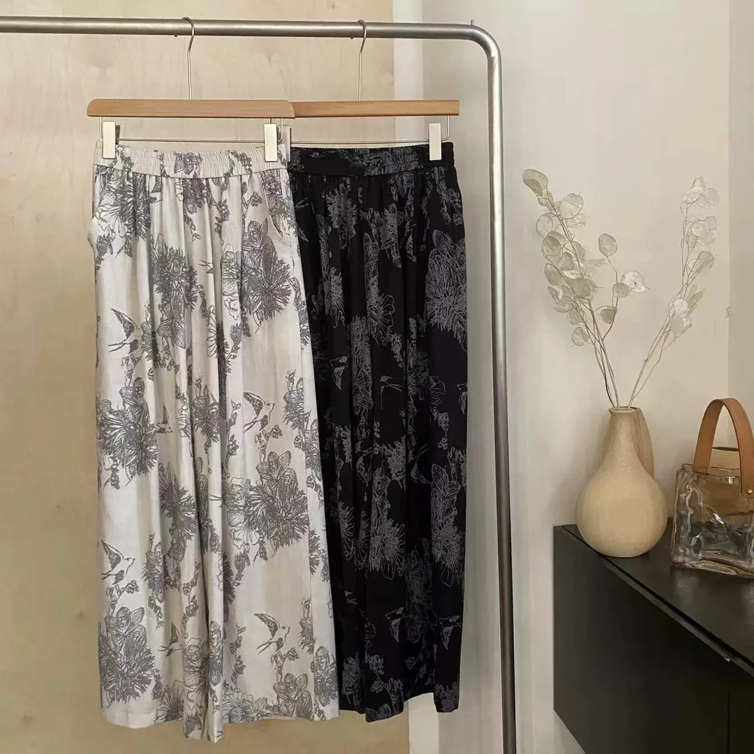 复古提花棉麻直筒阔腿裤女春夏高腰印花宽松垂感休闲长裤