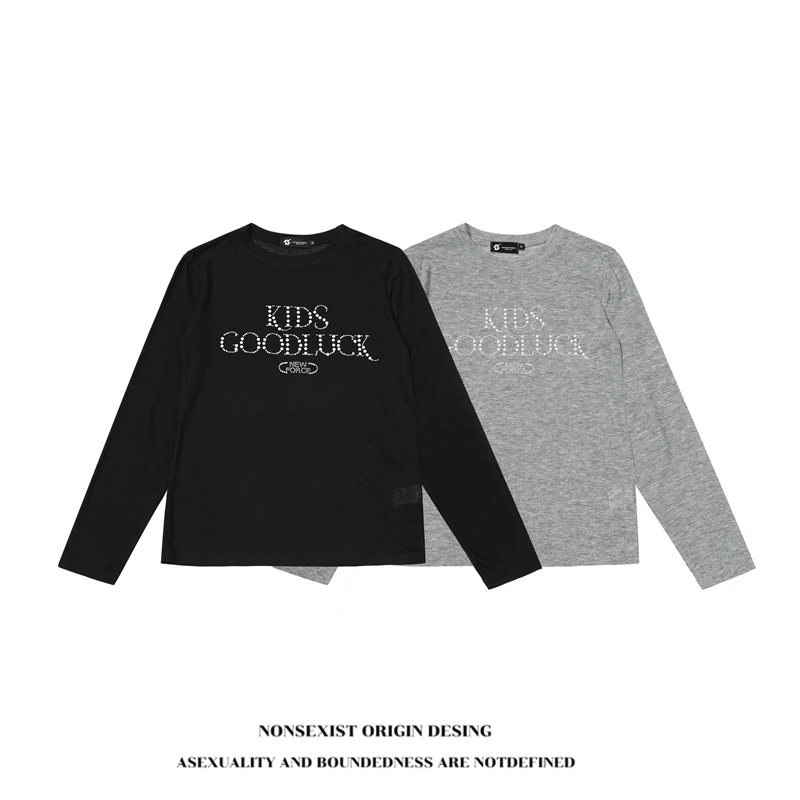 NONSEXIST 原创国潮美式钉珠字母印花长袖T恤女修身显瘦短款上衣