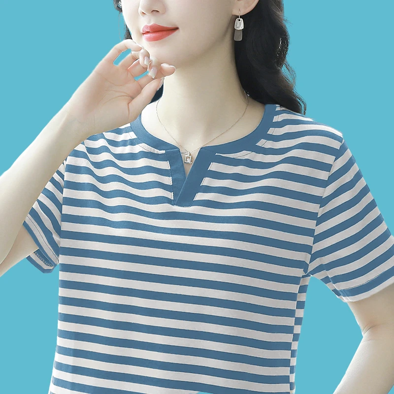 棉质短袖t恤女夏季新款条纹大码宽松上衣半袖中年妈妈遮肚子显瘦