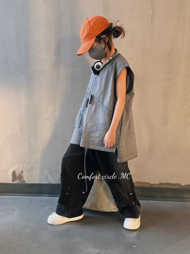 【蒙蒙潮童】2025春款运动裤做旧裤脚可以抽绳美式高街中大童破洞裤