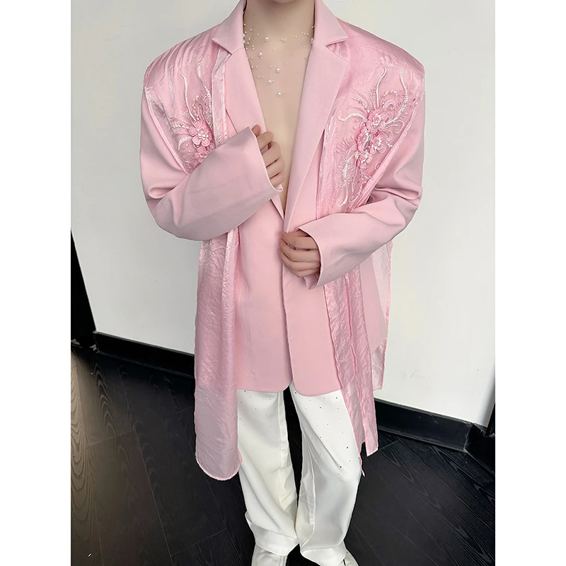 走秀款轻奢风小众设计师立体绣花飘纱粉红西服外套男舞台歌手西装
