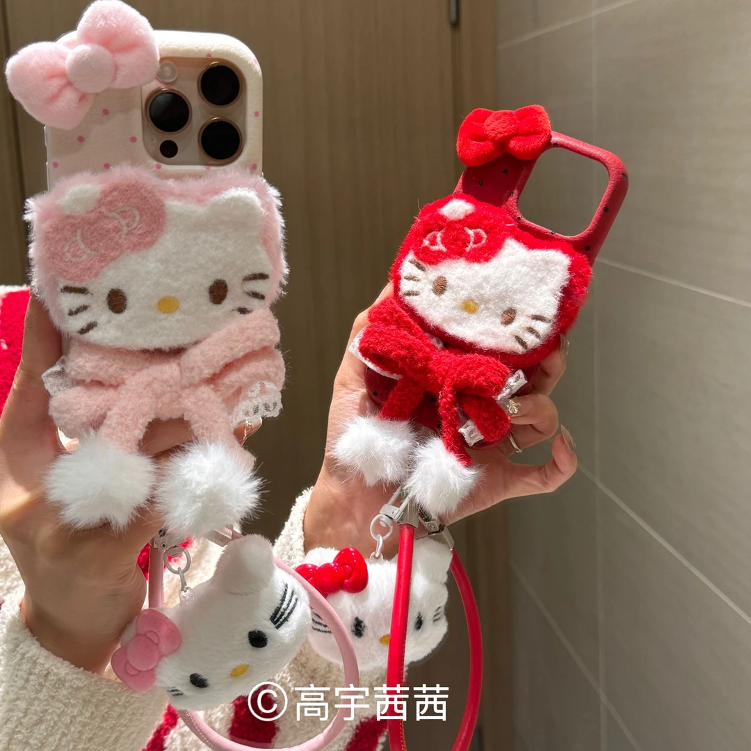 可爱毛绒KT猫皮绳适用苹果16Promax手机壳华为荣耀/OPPO/vivo小米
