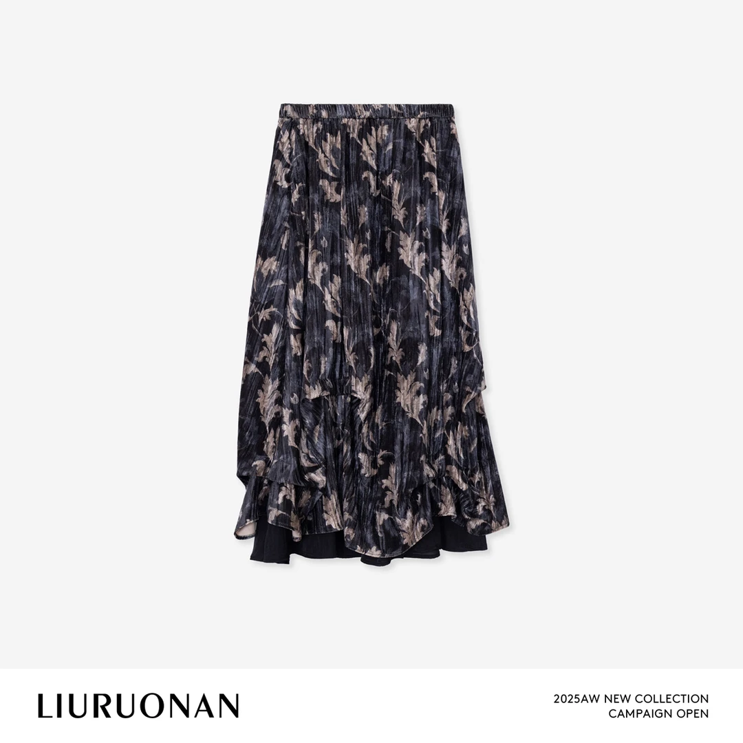 LIURUONAN 25WIN【卷草纹丝绒裙】肌理感印花捏褶双层裙摆半身裙女