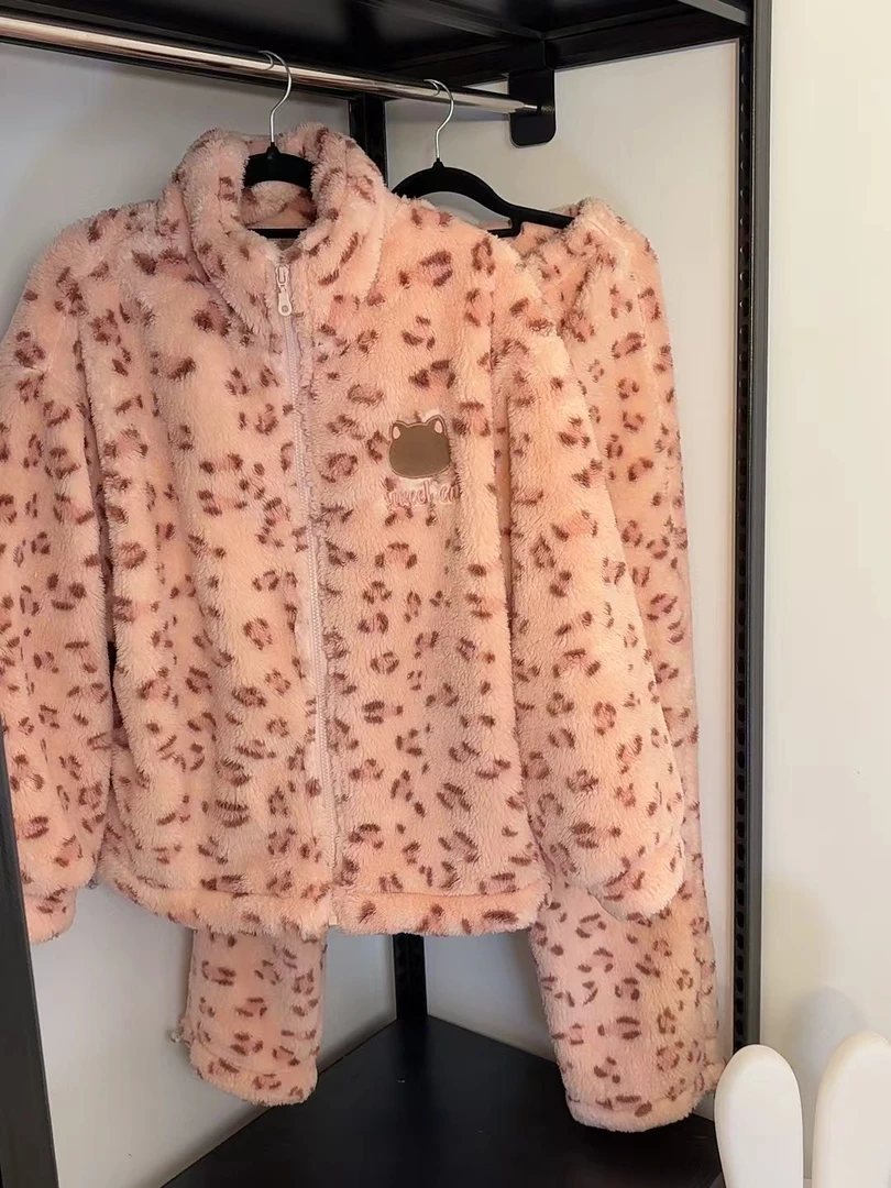 韩系粉色豹纹珊瑚绒睡衣女冬季少女开衫加绒加厚家居服套装可外穿