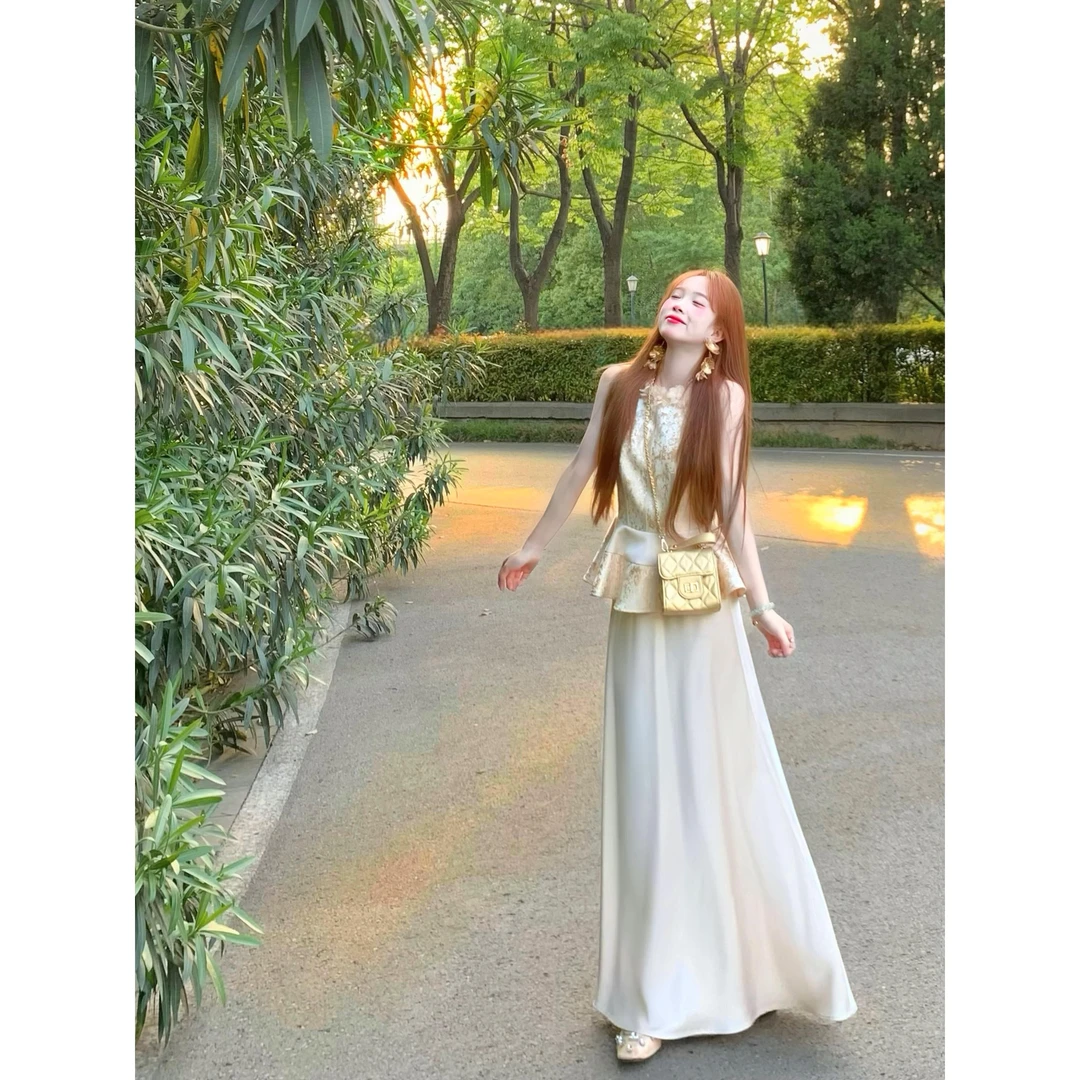 国风套装开衫鎏金千金感提花无袖背心上衣缎面半裙三件套5632