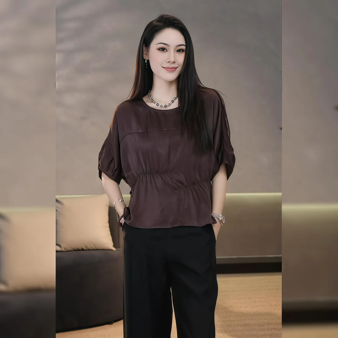 POSHROSEBUD【香谢】简约不规则褶皱圆领半袖气质上衣衫-80737