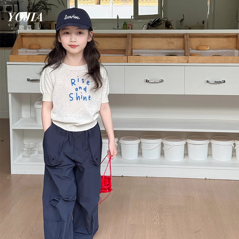 YOJIA【编制时光】女童T恤夏装韩版中大童针织衫半袖儿童装短袖夏季