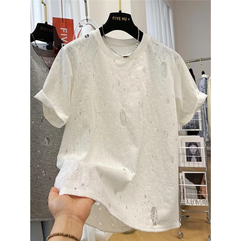 300斤特大码韩版镂空蕾丝短袖t恤男装夏季半袖打底衫单穿百搭上衣