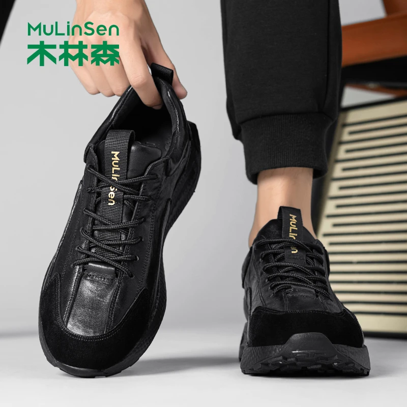 木林森头层牛皮运动潮鞋商务增高通勤秋冬秋季休闲皮鞋软皮厚底男