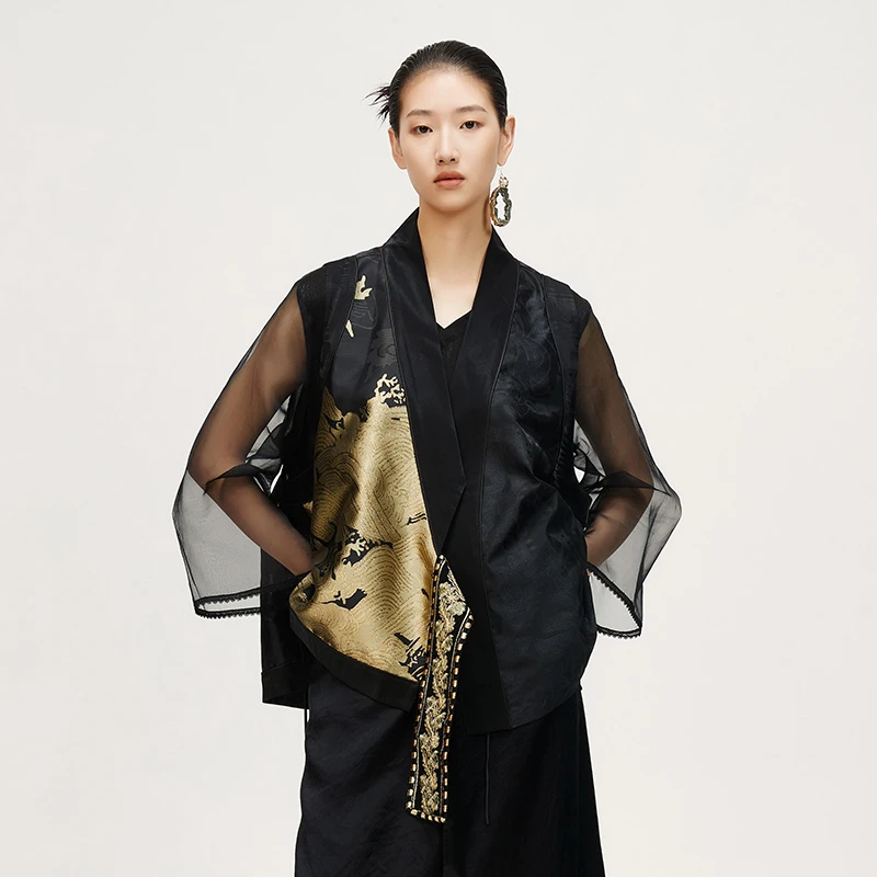 轮廓原创设计网纱提花马甲L221Y018复古民族风宽松短款系带马夹