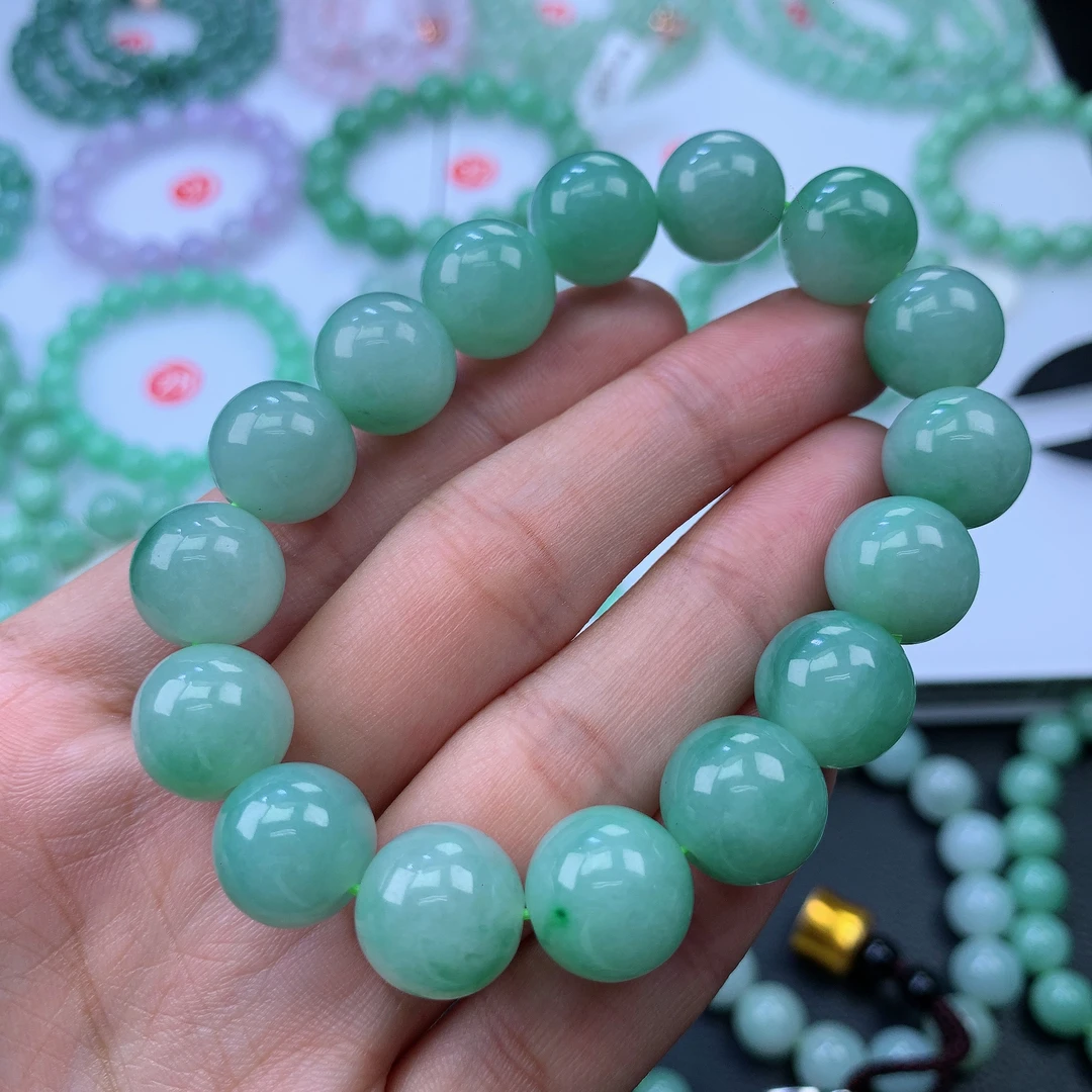 正品缅甸天然翡翠A货冰种冰胶飘绿翡翠手串13m时尚绿色清新渐变