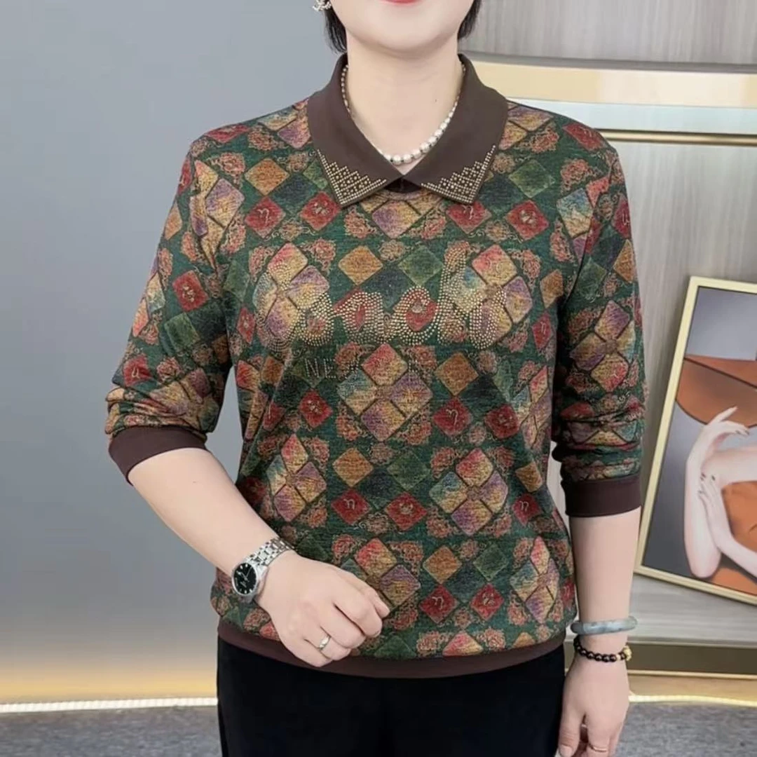 秋季新款时尚翻领烫钻中老年气质妈妈装宽松显瘦休闲长袖上衣H262