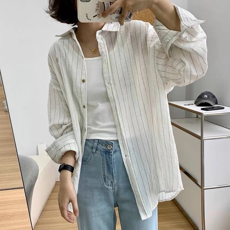 简约条纹麻棉防晒衬衣休闲女百搭