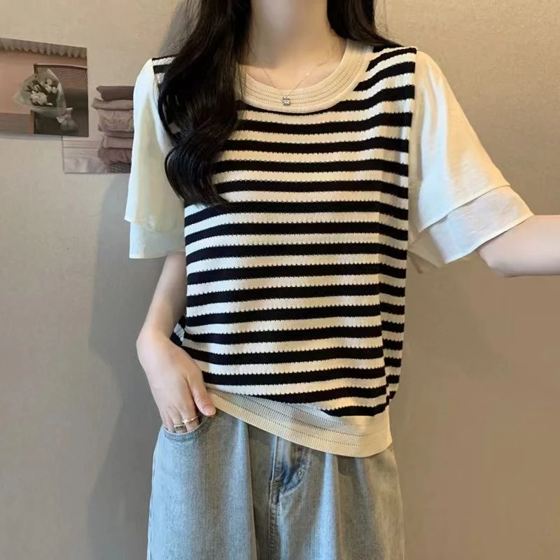 3915大码女装2025夏季新款设计感条纹雪纺拼接显瘦针织短袖上衣女