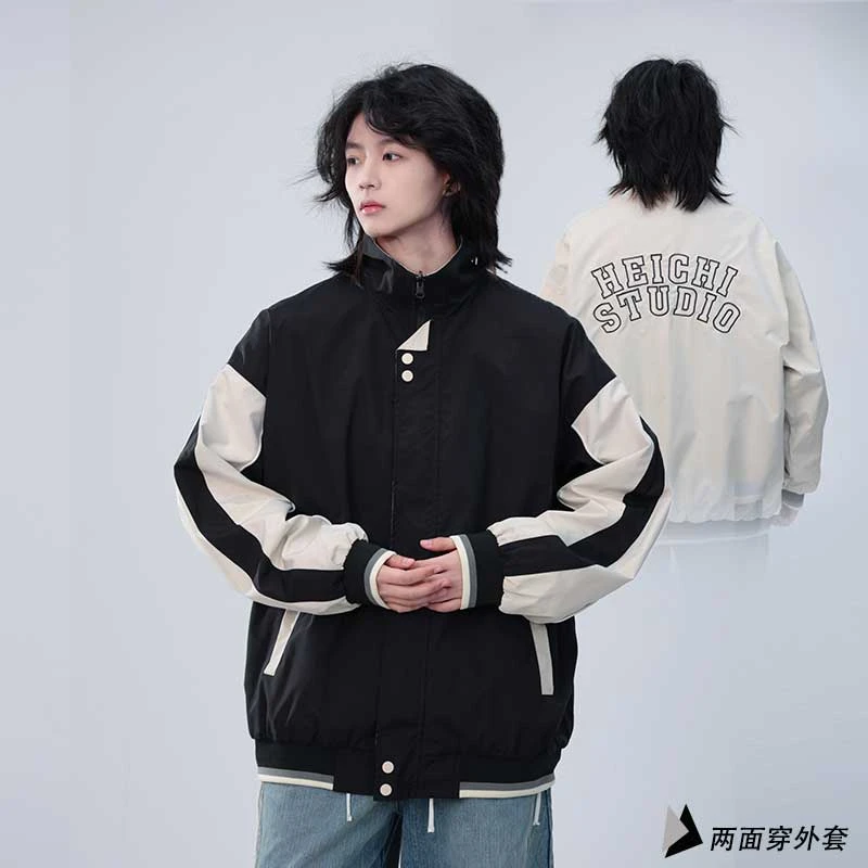 美式复古双面穿刺绣撞色拼接夹克外套男女宽松户外休闲运动防风
