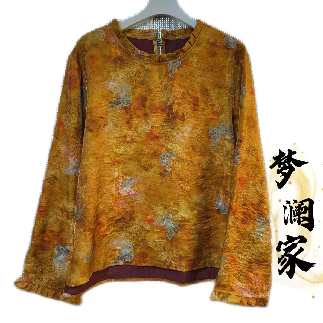 6990新中式国风彩蝶木耳领长袖百搭衬衫