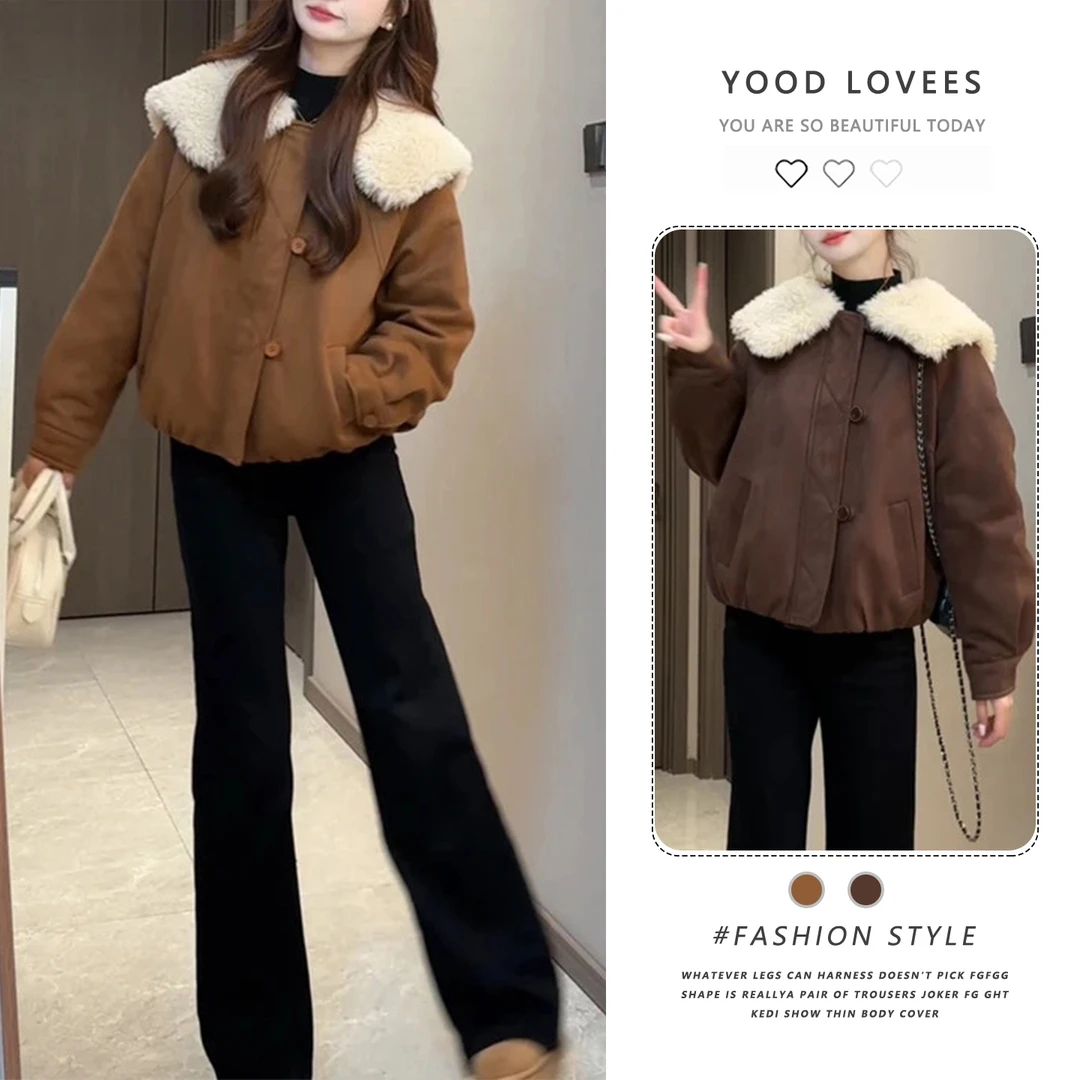 韩版毛毛拼接大翻领外套女2025秋冬新款女装加厚加绒夹克上衣潮