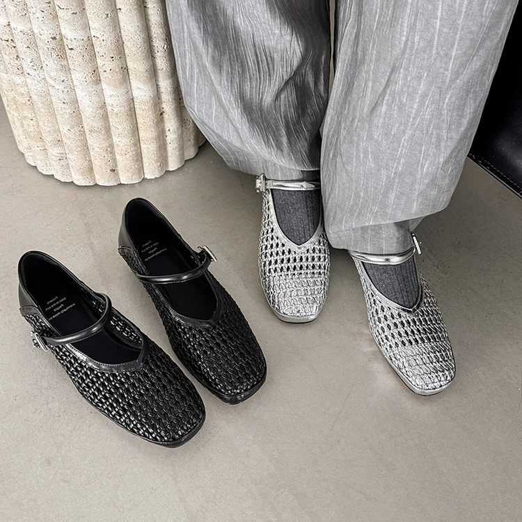 单鞋女款2025新款爆款浅口夏季韩版粗跟纯色编织镂空流行百搭气质