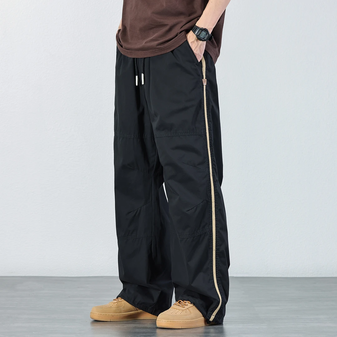 宽松复古撞色条纹束脚休闲裤男士2025夏季轻薄透气直筒运动裤子男